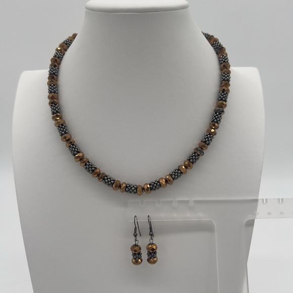 You & I Beaded Necklace & Earrings Set – Bronze Faceted Glass & Silver-Tone - Picture 1 of 8